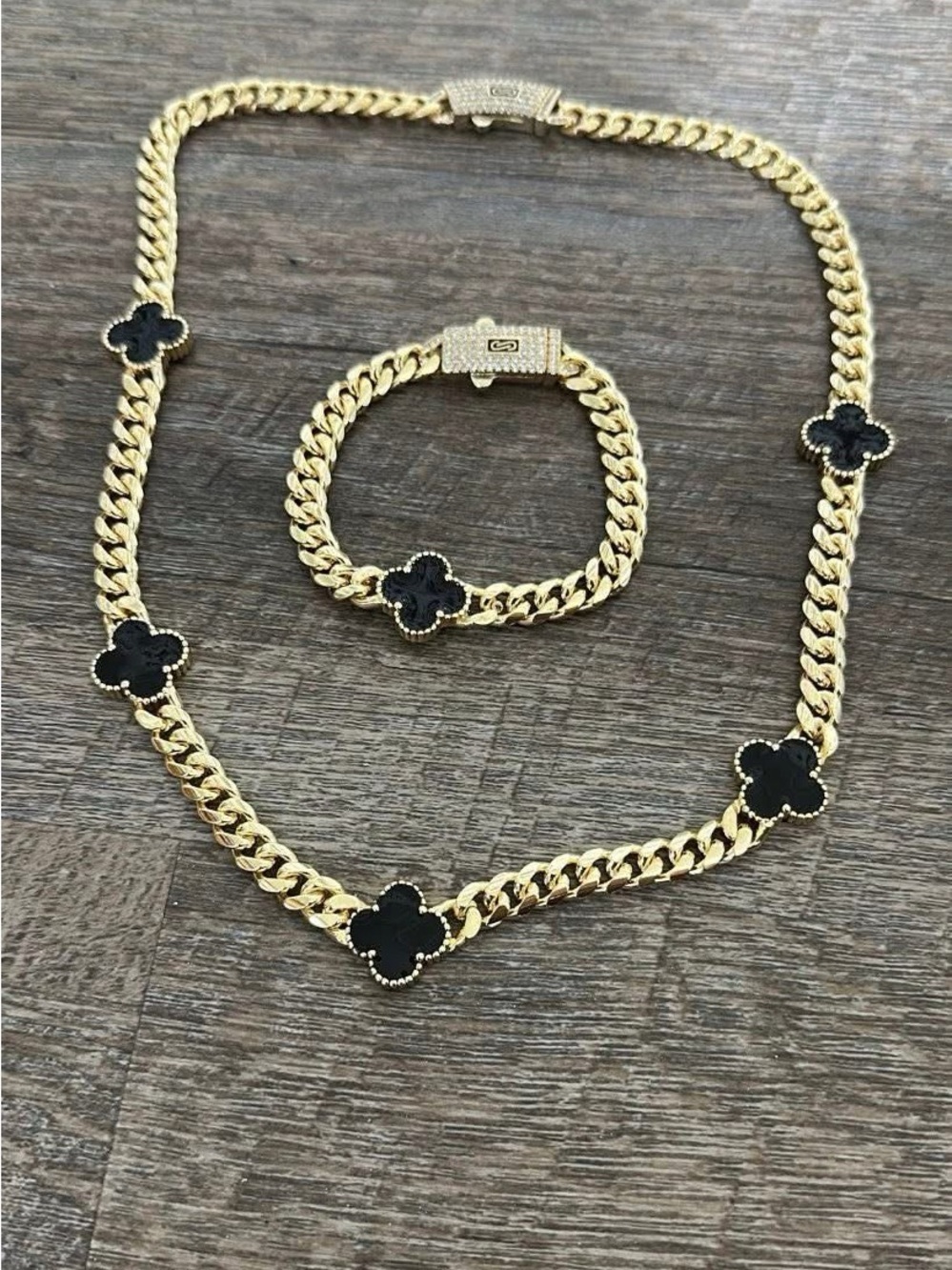 Gold Chain Necklace and Bracelet Set with Black Clover Accents